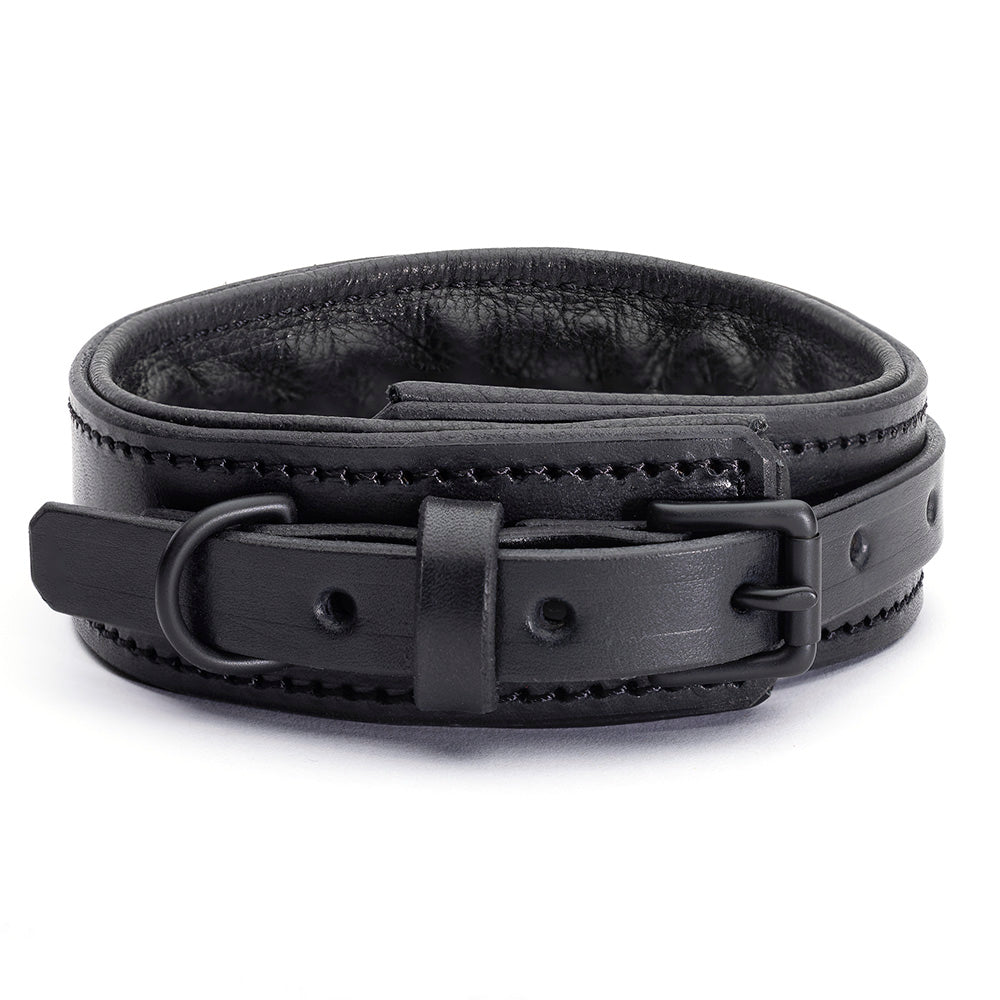 Midnight Padded Slim BDSM Collar - All Black Leather and matte black hardware - Handmade by LVX Supply