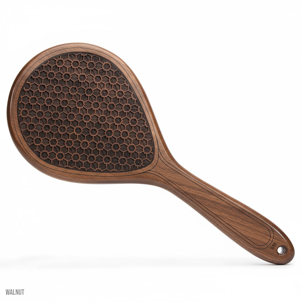 walnut paddle with traditional japanese shoji pattern engraved.