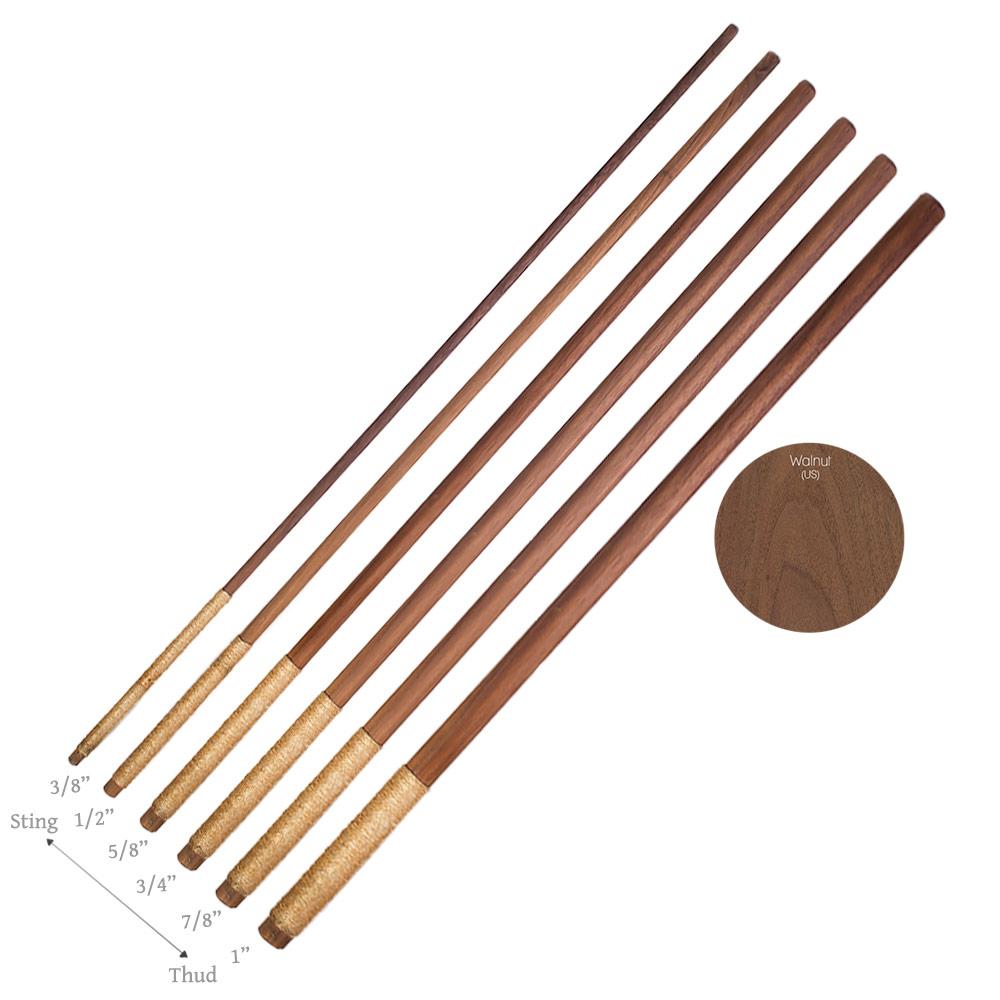 BDSM Canes for spanking and impact play made out of walnut, in 3/8", 1/2", 5/8", 3/4", 7/8", and 1" diameters.