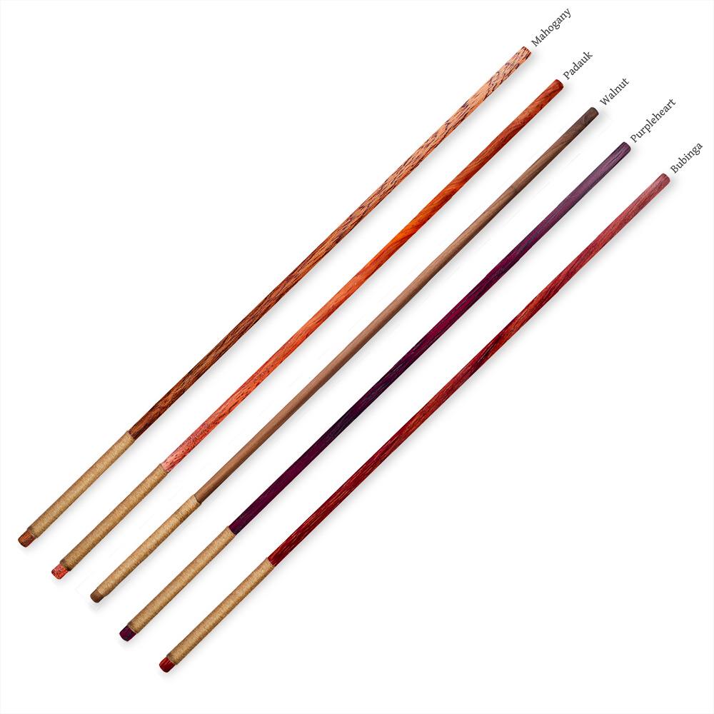 Handcarved BDSM Spanking Canes in mahogany, padauk, walnut, purpleheart, and bubinga hardwoods.