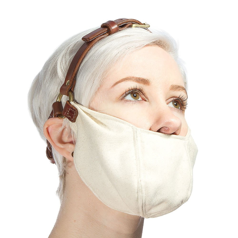 Handmaids Tale Gag, custom made with hand dyed Leather and Canvas, worn by blonde model.