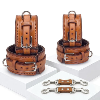 Lt Brown Leather wrist and ankle cuffs set with attachment clips. 