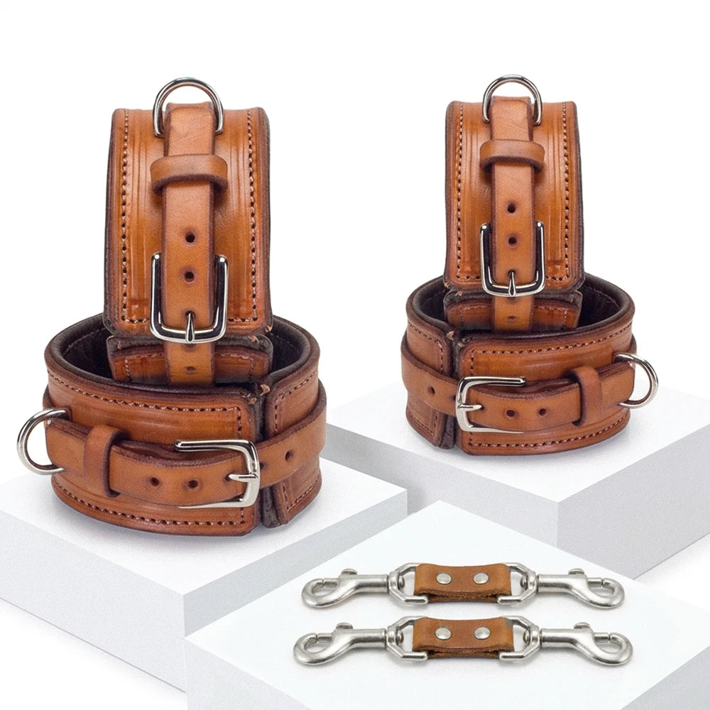 Lt Brown Leather wrist and ankle cuffs set with attachment clips. 