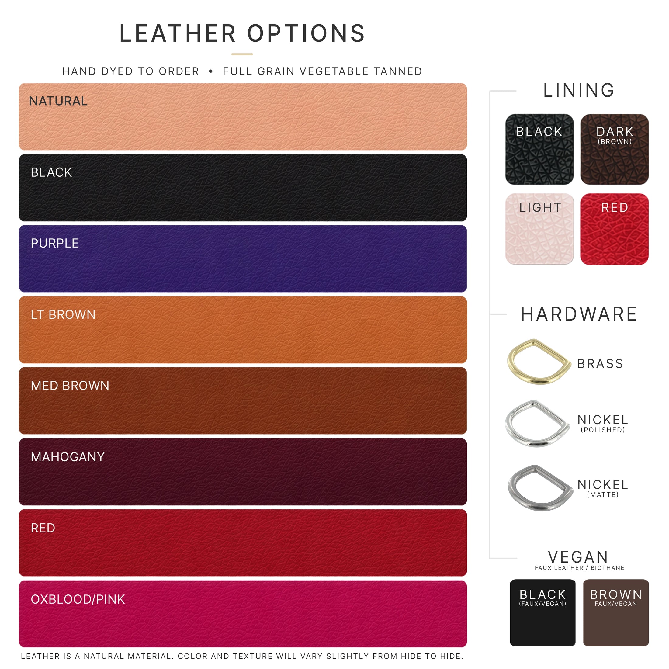 Color swatches for leather options, lining choices, and hardware finishes on a white background.
