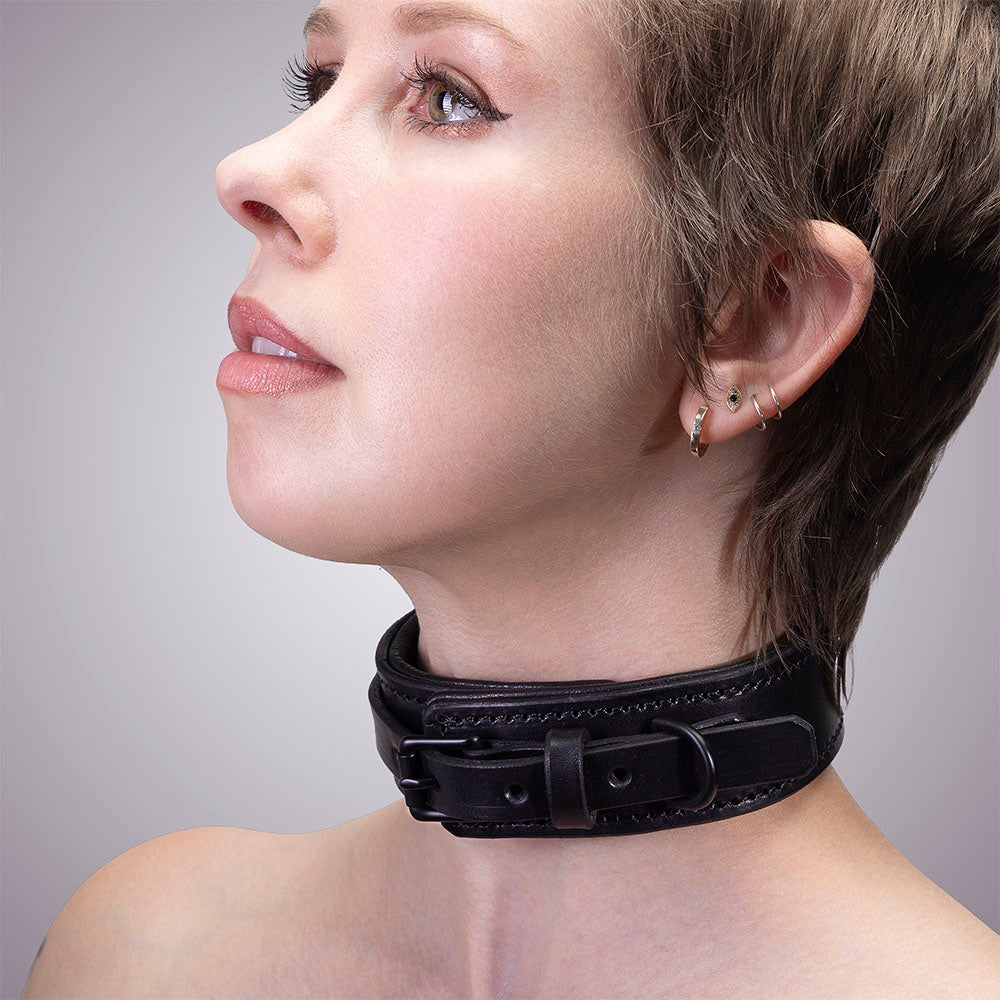Midnight Padded Slim BDSM Collar - All Black Leather and matte black hardware  - Handmade by LVX Supply