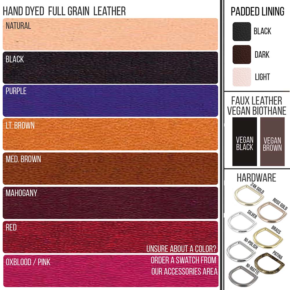 LVX Supply &amp; Co | Swatch for hand dyed leather, lining, and hardware.