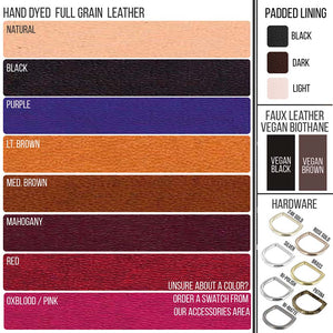 LVX Supply & Co | Swatch for hand dyed leather, lining, and hardware.