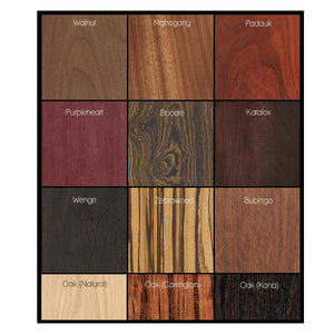 LVX Supply & Co wood swatch shows walnut, mahogany, padauk, purpleheart, bocote, katalox, wenge, zebrawood, bubgina, oak(natural), oak(carrrington), oak (kona) options.