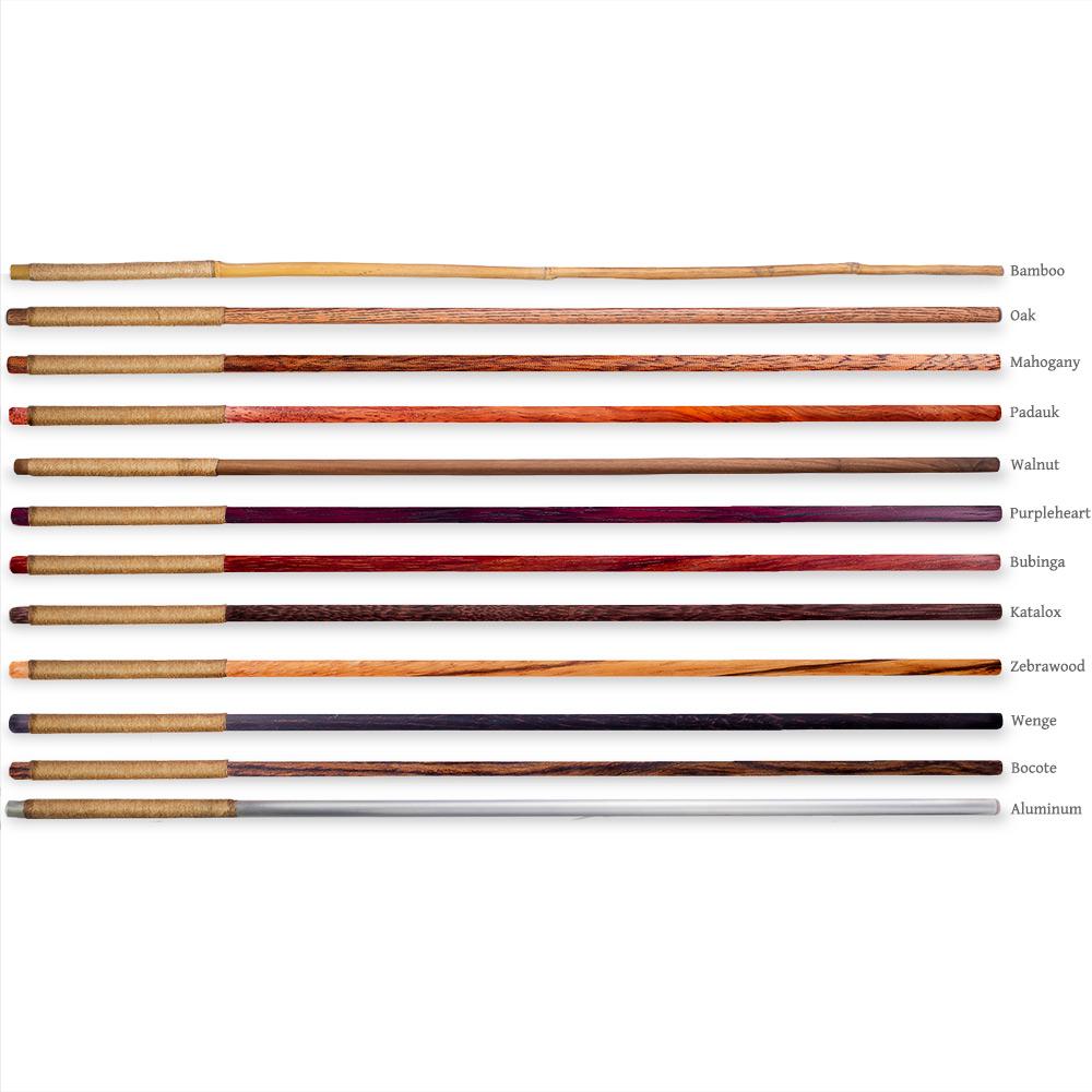 Classic BDSM Spanking cane array showing hardwood options with hemp wrapped handles. 