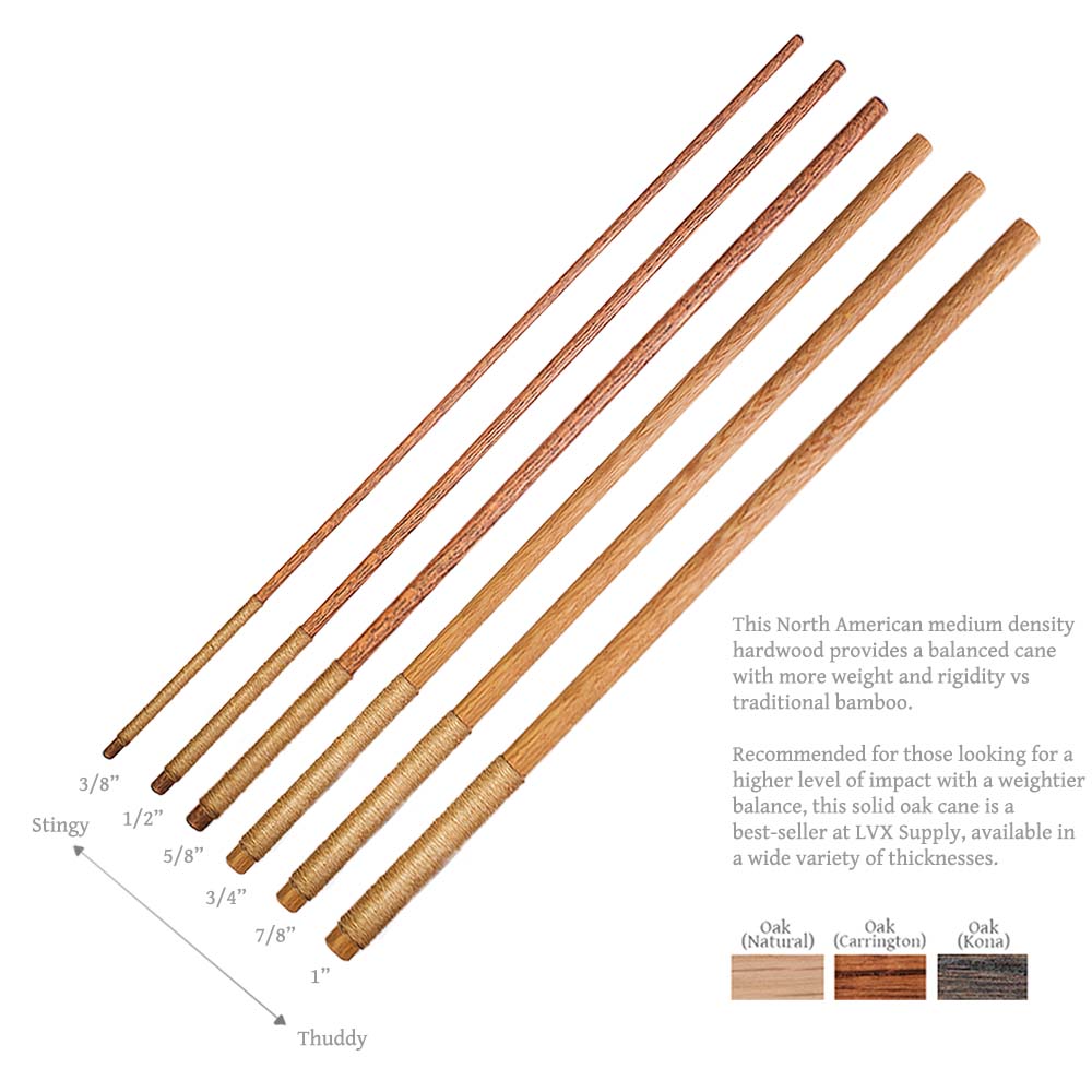 Carved BSDM Spanking Canes in Oak with  3/8", 1/2", 5/8", 3/4", 7/8", and 1" diameters.