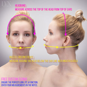 Sizing diagram for handmaids tale gag showeing headband and muzzle measurement instructions